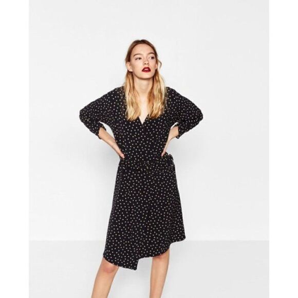 ZARA POLKA DOT WRAP BELTED DRESS - Picture 1 of 5